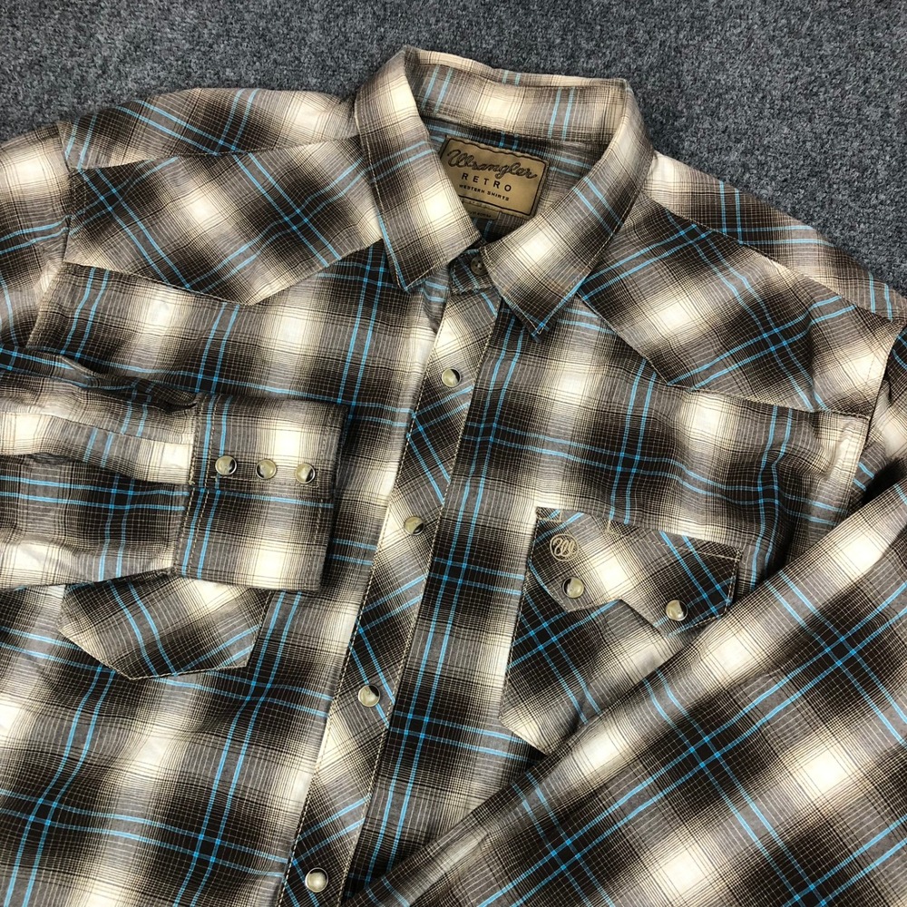 Wrangler Retro Western Shirt Mens XL Brown Blue Plaid Pearl Snap Long Sleeve - Picture 1 of 7